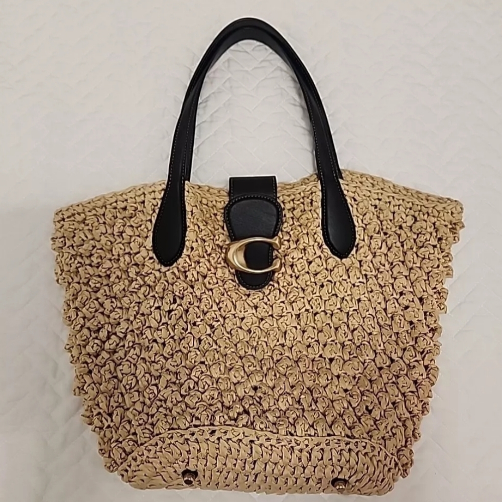 Coach Small Straw Tote Shoulder Bag with Mini purse pouch CA034